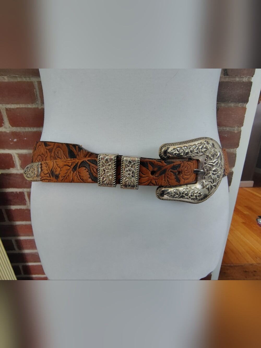 Vintage Leegin Tooled Leather Western Ranger Belt 32 Floral 3pc Silvertone Set
